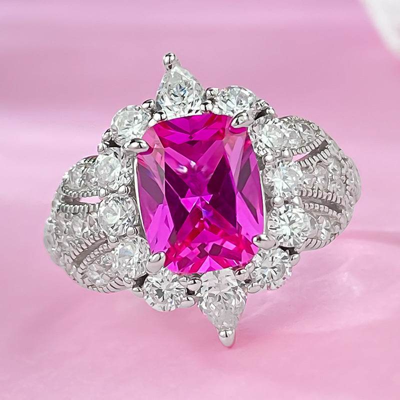 S925 Silver Dove Blood Red Simulated Diamond 8 * 10 Elliptical Ring Ring Group Inlaid Flower Cluster Wedding Ring